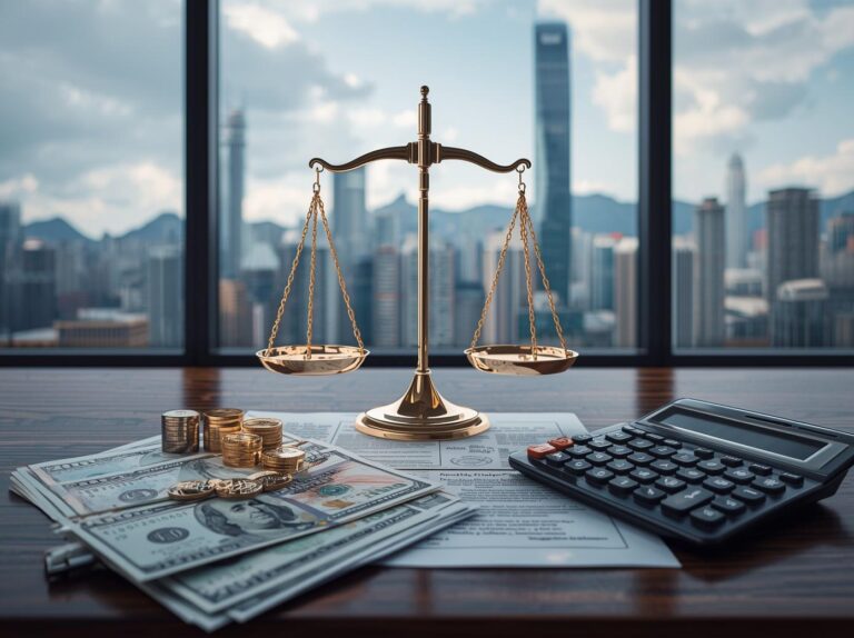 Photorealistic professional business scene depicting financial penalty and settlement modern Hong Kong corporate office with audit documents scales of justice Hong Kong dollar bills and coins financial pe